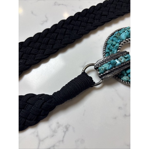 Chicos Southwest Boho Belt Turquoise Metal Round Buckle Fabric Black Braided XL - Picture 6 of 7